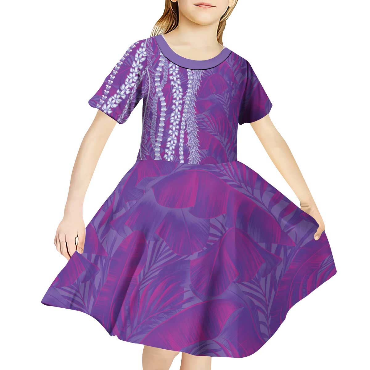 Hawaii Prince Kuhio Kid Short Sleeve Dress Violet Hawaiian Lau Maia With Leis LT05 - Polynesian Pride