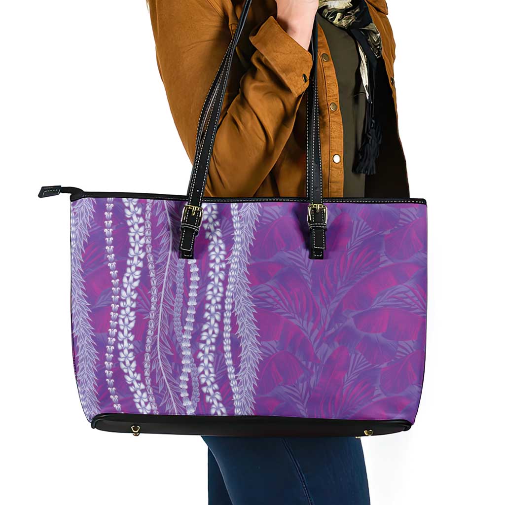 Hawaii Prince Kuhio Leather Tote Bag Violet Hawaiian Lau Maia With Leis LT05 - Polynesian Pride