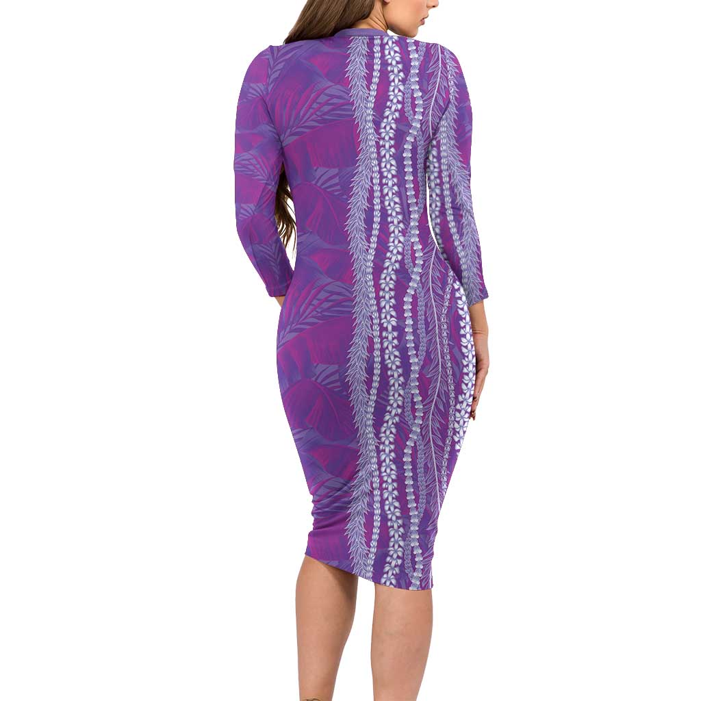Hawaii Prince Kuhio Long Sleeve Bodycon Dress Violet Hawaiian Lau Maia With Leis LT05 - Polynesian Pride