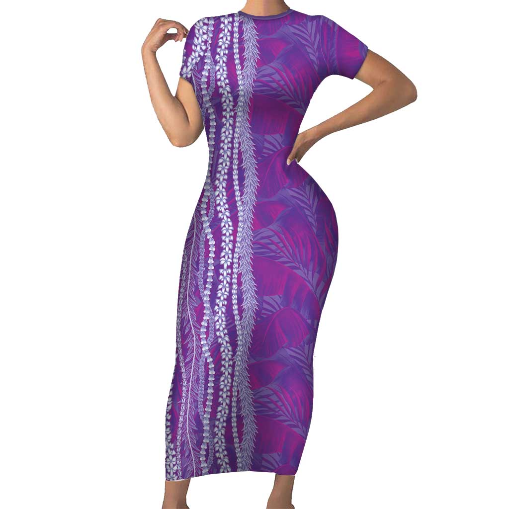 Hawaii Prince Kuhio Short Sleeve Bodycon Dress Violet Hawaiian Lau Maia With Leis