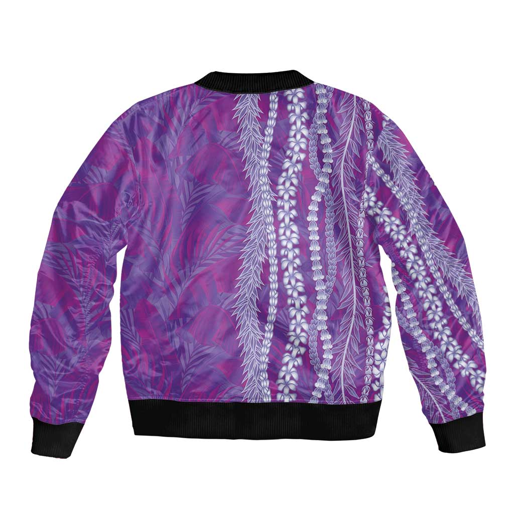 Hawaii Prince Kuhio Sleeve Zip Bomber Jacket Violet Hawaiian Lau Maia With Leis LT05 - Polynesian Pride