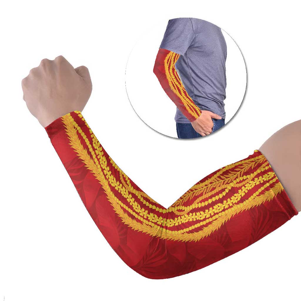 Hawaii Prince Kuhio Arm Sleeves Red Hawaiian Lau Maia With Leis LT05 Set of 2 Red - Polynesian Pride
