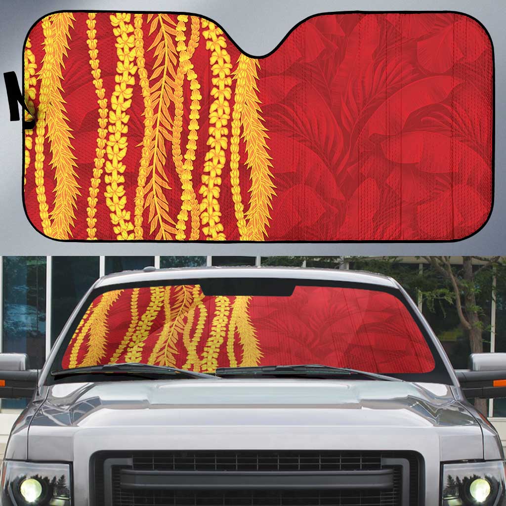 Hawaii Prince Kuhio Auto Sun Shade Red Hawaiian Lau Maia With Leis LT05 Red - Polynesian Pride