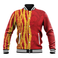 Hawaii Prince Kuhio Baseball Jacket Red Hawaiian Lau Maia With Leis LT05 Unisex Red - Polynesian Pride