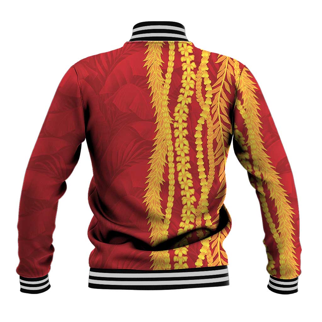 Hawaii Prince Kuhio Baseball Jacket Red Hawaiian Lau Maia With Leis LT05 - Polynesian Pride