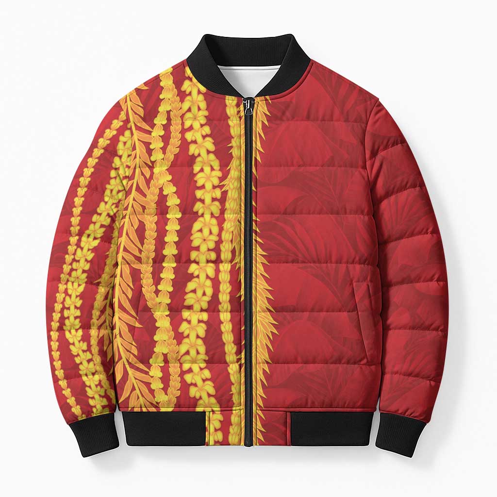 Hawaii Prince Kuhio Bomber Puffer Jacket Red Hawaiian Lau Maia With Leis LT05 Unisex Red - Polynesian Pride