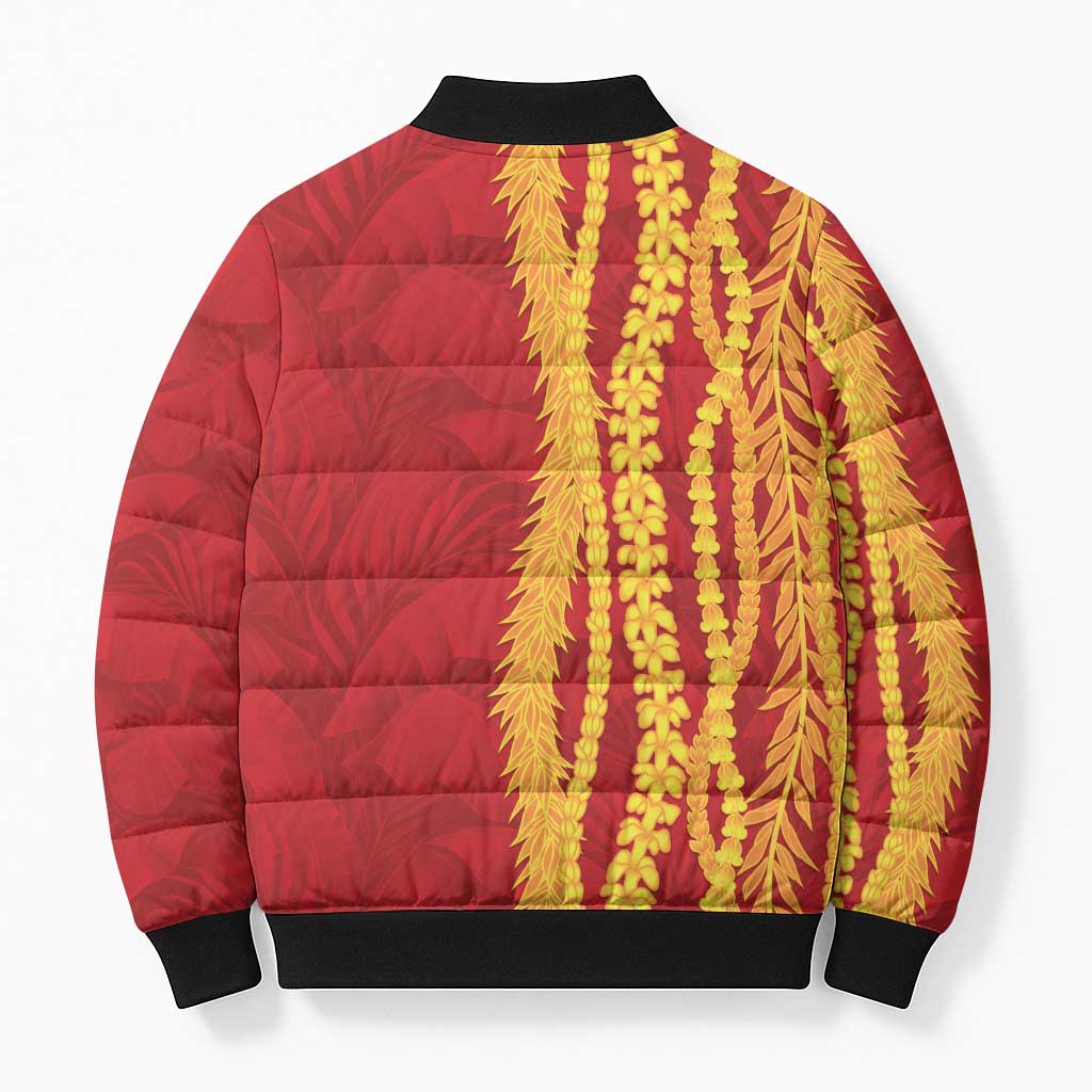 Hawaii Prince Kuhio Bomber Puffer Jacket Red Hawaiian Lau Maia With Leis LT05 - Polynesian Pride