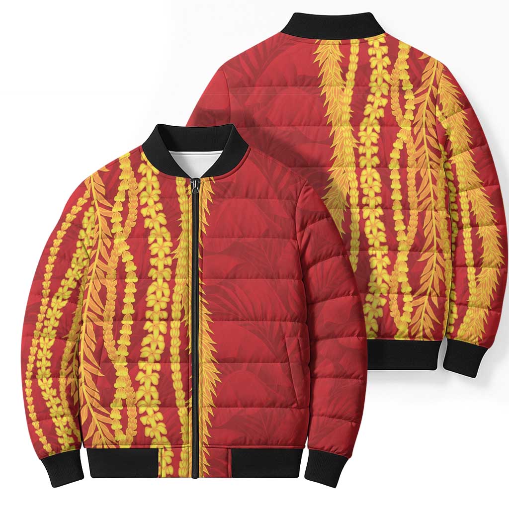 Hawaii Prince Kuhio Bomber Puffer Jacket Red Hawaiian Lau Maia With Leis LT05 - Polynesian Pride