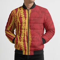Hawaii Prince Kuhio Bomber Puffer Jacket Red Hawaiian Lau Maia With Leis LT05 - Polynesian Pride