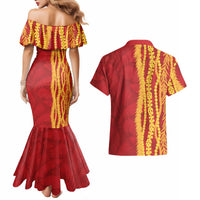 Hawaii Prince Kuhio Couples Matching Mermaid Dress and Hawaiian Shirt Red Hawaiian Lau Maia With Leis