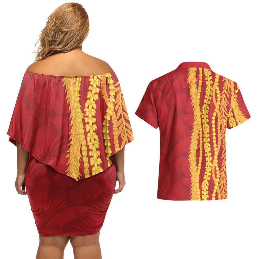 Hawaii Prince Kuhio Couples Matching Off Shoulder Short Dress and Hawaiian Shirt Red Hawaiian Lau Maia With Leis
