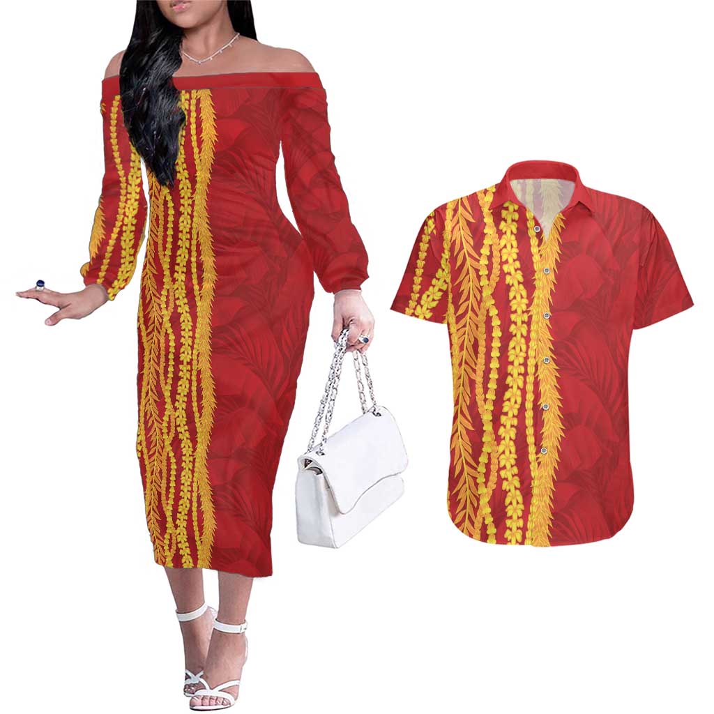 Hawaii Prince Kuhio Couples Matching Off The Shoulder Long Sleeve Dress and Hawaiian Shirt Red Hawaiian Lau Maia With Leis