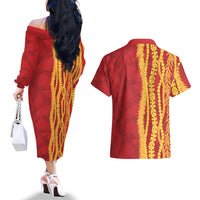 Hawaii Prince Kuhio Couples Matching Off The Shoulder Long Sleeve Dress and Hawaiian Shirt Red Hawaiian Lau Maia With Leis
