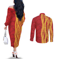 Hawaii Prince Kuhio Couples Matching Off The Shoulder Long Sleeve Dress and Long Sleeve Button Shirt Red Hawaiian Lau Maia With Leis