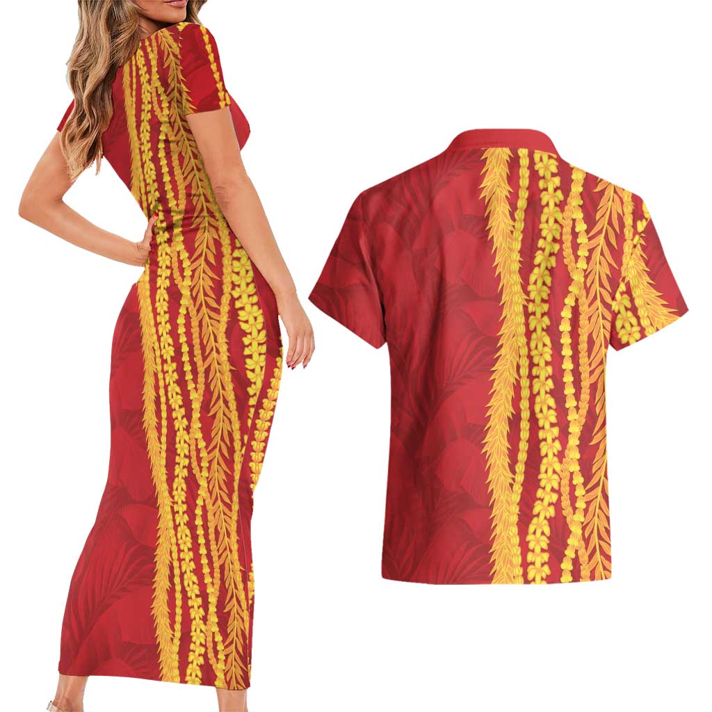 Hawaii Prince Kuhio Couples Matching Short Sleeve Bodycon Dress and Hawaiian Shirt Red Hawaiian Lau Maia With Leis