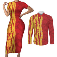 Hawaii Prince Kuhio Couples Matching Short Sleeve Bodycon Dress and Long Sleeve Button Shirt Red Hawaiian Lau Maia With Leis