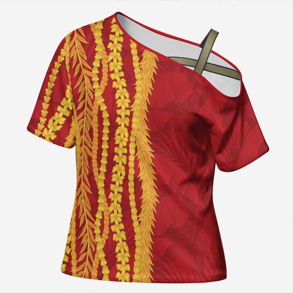 Hawaii Prince Kuhio Cross Shoulder Shirt Red Hawaiian Lau Maia With Leis LT05 Female Red - Polynesian Pride