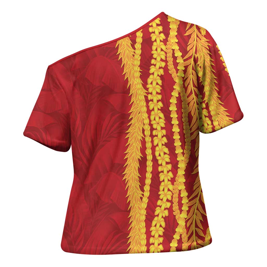 Hawaii Prince Kuhio Cross Shoulder Shirt Red Hawaiian Lau Maia With Leis LT05 - Polynesian Pride