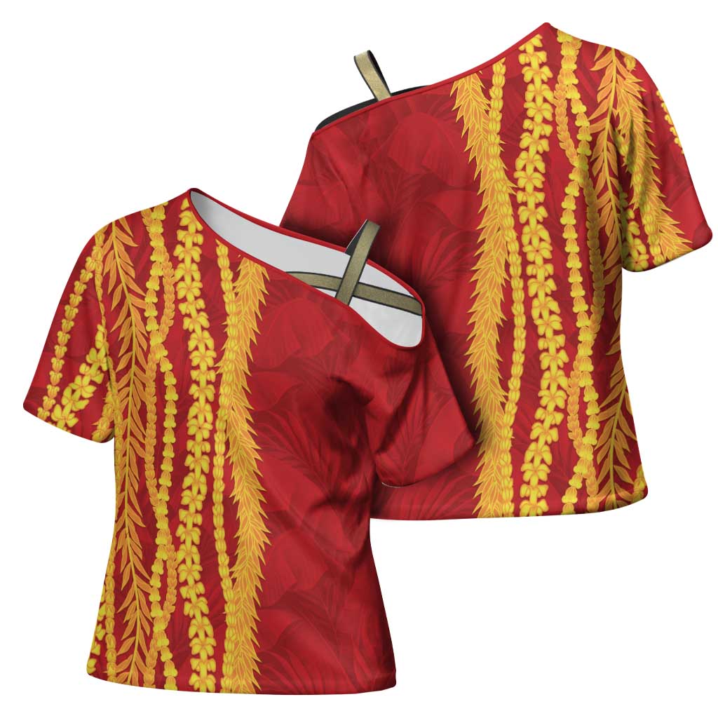 Hawaii Prince Kuhio Cross Shoulder Shirt Red Hawaiian Lau Maia With Leis LT05 - Polynesian Pride