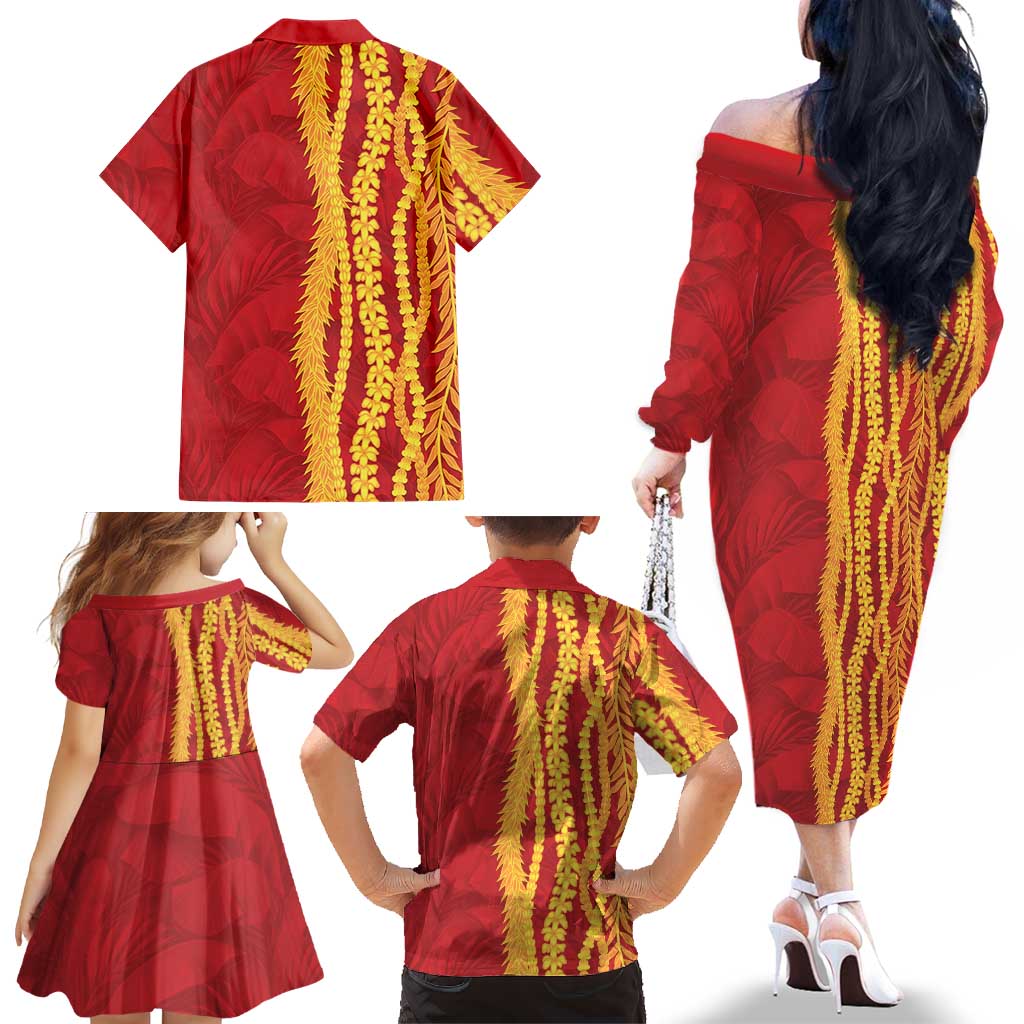 Hawaii Prince Kuhio Family Matching Off The Shoulder Long Sleeve Dress and Hawaiian Shirt Red Hawaiian Lau Maia With Leis