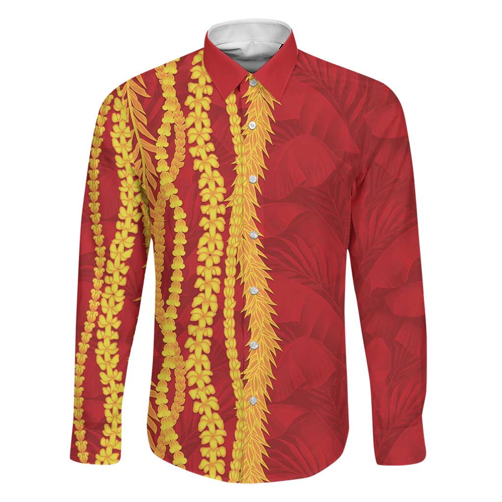 Hawaii Prince Kuhio Family Matching Off The Shoulder Long Sleeve Dress and Hawaiian Shirt Red Hawaiian Lau Maia With Leis