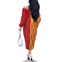 Hawaii Prince Kuhio Family Matching Off The Shoulder Long Sleeve Dress and Hawaiian Shirt Red Hawaiian Lau Maia With Leis