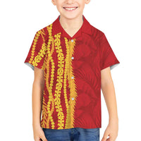 Hawaii Prince Kuhio Family Matching Off The Shoulder Long Sleeve Dress and Hawaiian Shirt Red Hawaiian Lau Maia With Leis