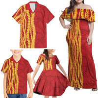 Hawaii Prince Kuhio Family Matching Off Shoulder Maxi Dress and Hawaiian Shirt Red Hawaiian Lau Maia With Leis
