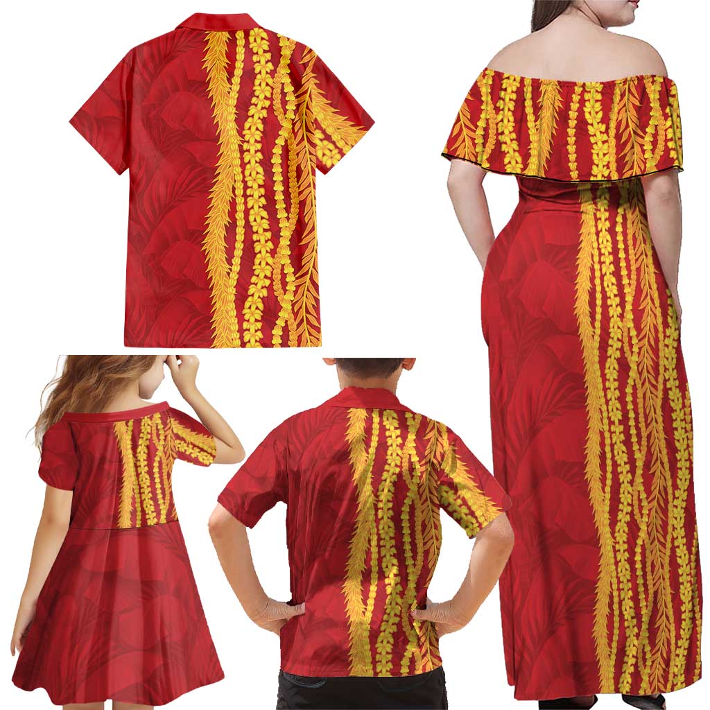 Hawaii Prince Kuhio Family Matching Off Shoulder Maxi Dress and Hawaiian Shirt Red Hawaiian Lau Maia With Leis