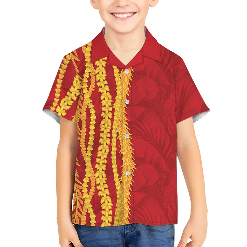 Hawaii Prince Kuhio Family Matching Off Shoulder Short Dress and Hawaiian Shirt Red Hawaiian Lau Maia With Leis