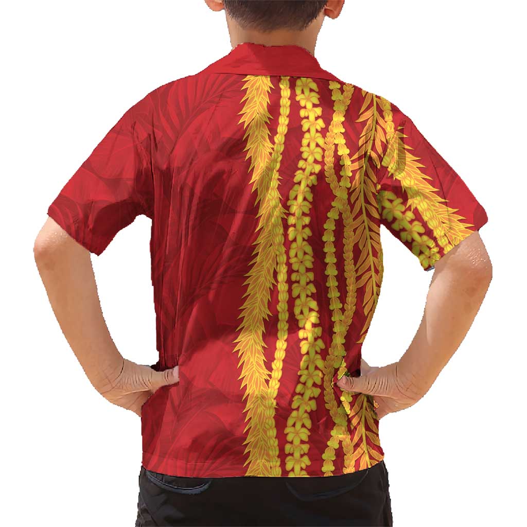 Hawaii Prince Kuhio Family Matching Short Sleeve Bodycon Dress and Hawaiian Shirt Red Hawaiian Lau Maia With Leis