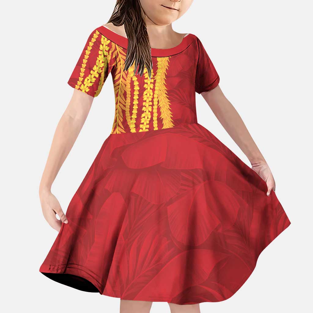 Hawaii Prince Kuhio Family Matching Short Sleeve Bodycon Dress and Hawaiian Shirt Red Hawaiian Lau Maia With Leis
