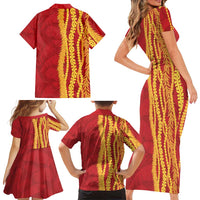 Hawaii Prince Kuhio Family Matching Short Sleeve Bodycon Dress and Hawaiian Shirt Red Hawaiian Lau Maia With Leis