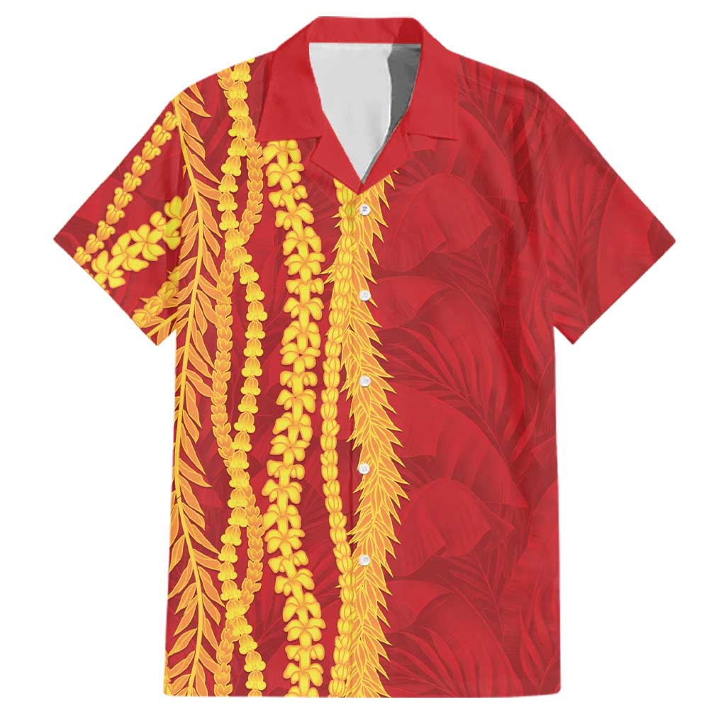 Hawaii Prince Kuhio Family Matching Short Sleeve Bodycon Dress and Hawaiian Shirt Red Hawaiian Lau Maia With Leis