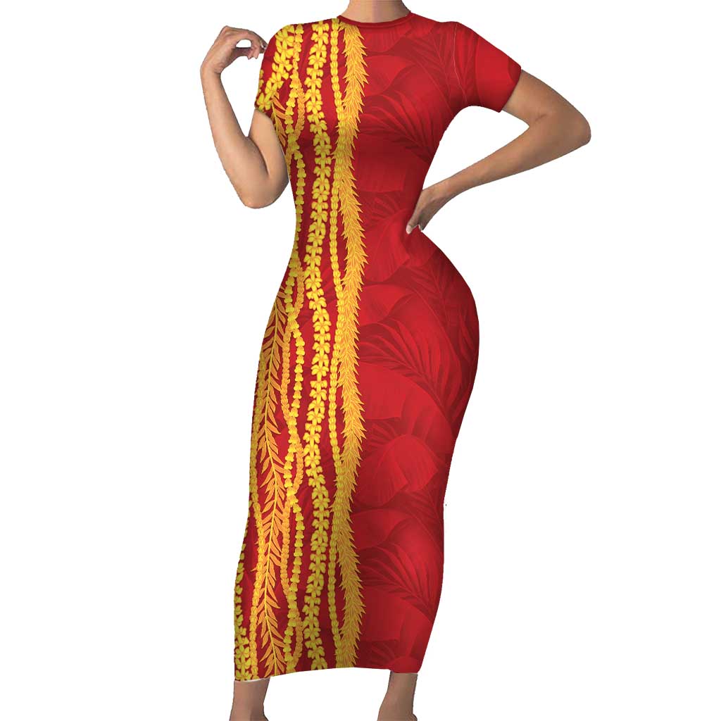 Hawaii Prince Kuhio Family Matching Short Sleeve Bodycon Dress and Hawaiian Shirt Red Hawaiian Lau Maia With Leis