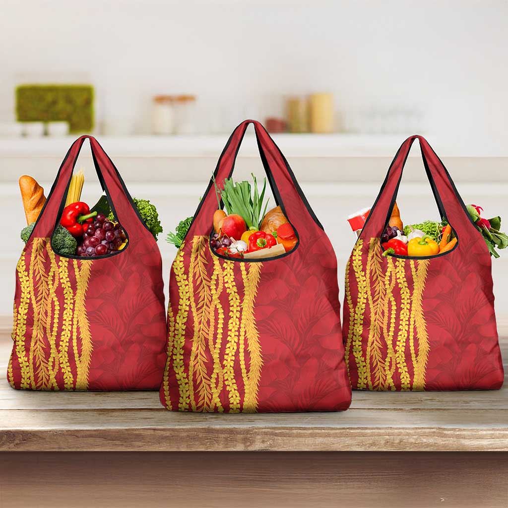 Hawaii Prince Kuhio Grocery Bag Red Hawaiian Lau Maia With Leis LT05 3-pack One Size Red - Polynesian Pride