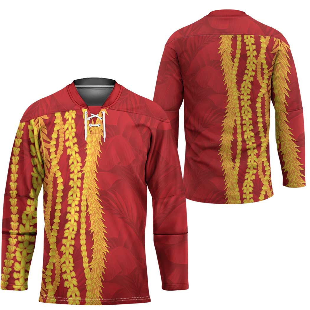 Hawaii Prince Kuhio Hockey Jersey Red Hawaiian Lau Maia With Leis LT05 - Polynesian Pride