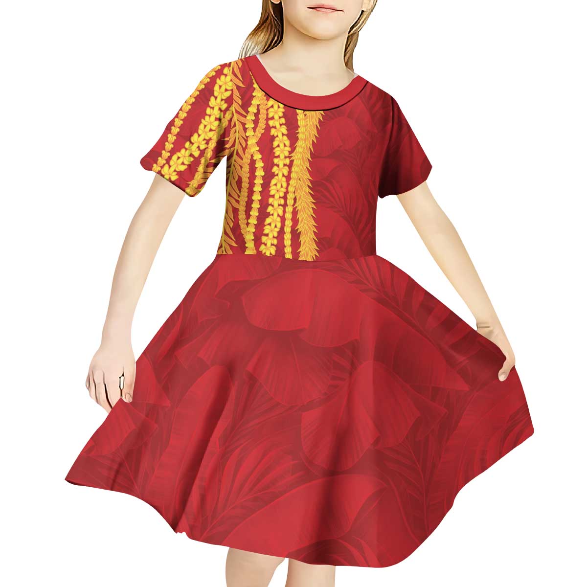 Hawaii Prince Kuhio Kid Short Sleeve Dress Red Hawaiian Lau Maia With Leis LT05 - Polynesian Pride