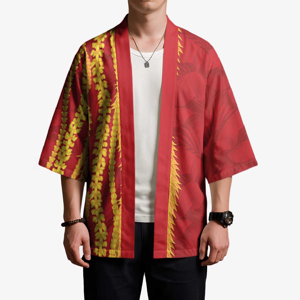 Hawaii Prince Kuhio Kimono Red Hawaiian Lau Maia With Leis