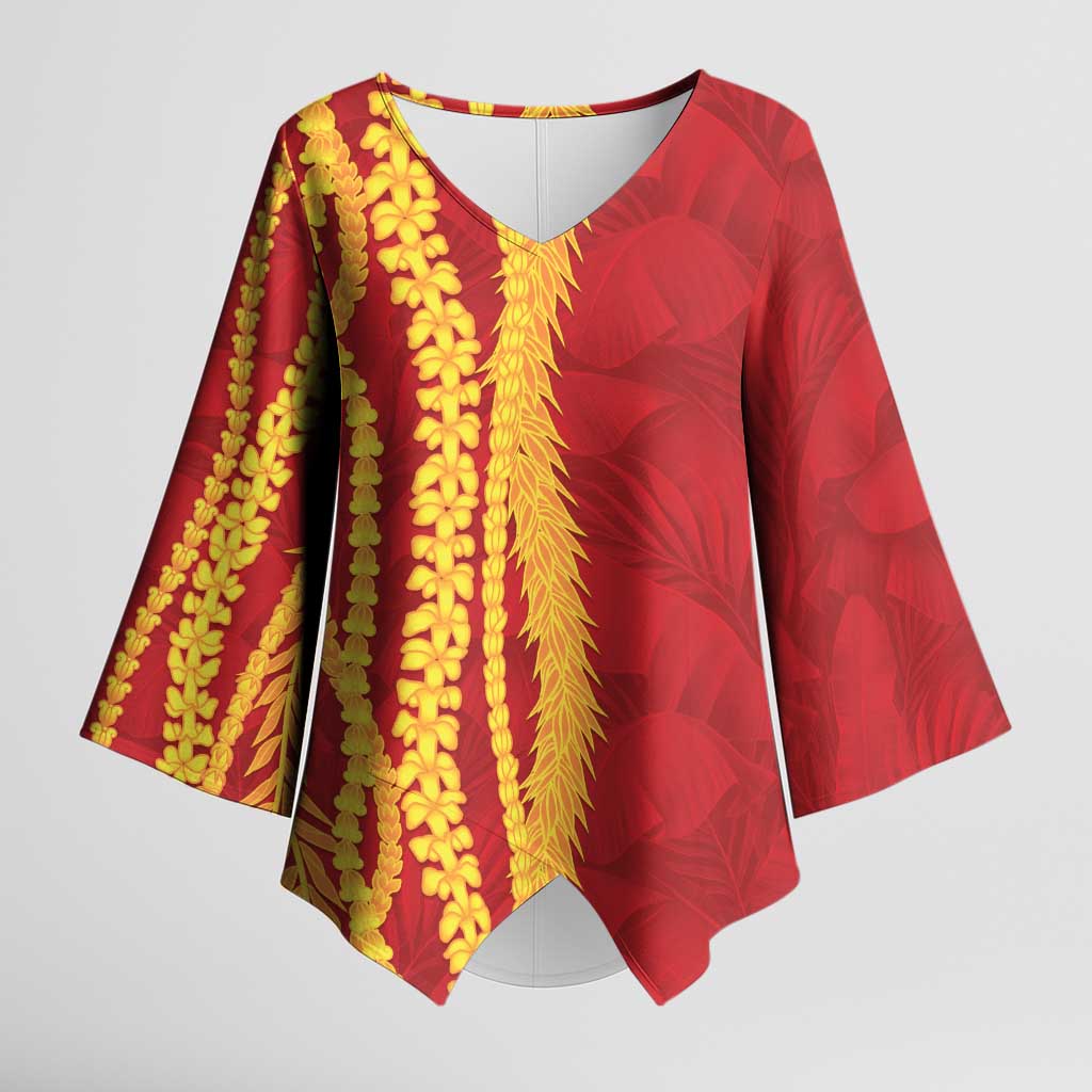 Hawaii Prince Kuhio Kimono Sleeve Blouse Red Hawaiian Lau Maia With Leis LT05 Female Red - Polynesian Pride