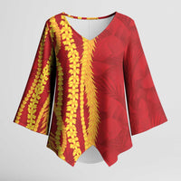 Hawaii Prince Kuhio Kimono Sleeve Blouse Red Hawaiian Lau Maia With Leis LT05 Female Red - Polynesian Pride
