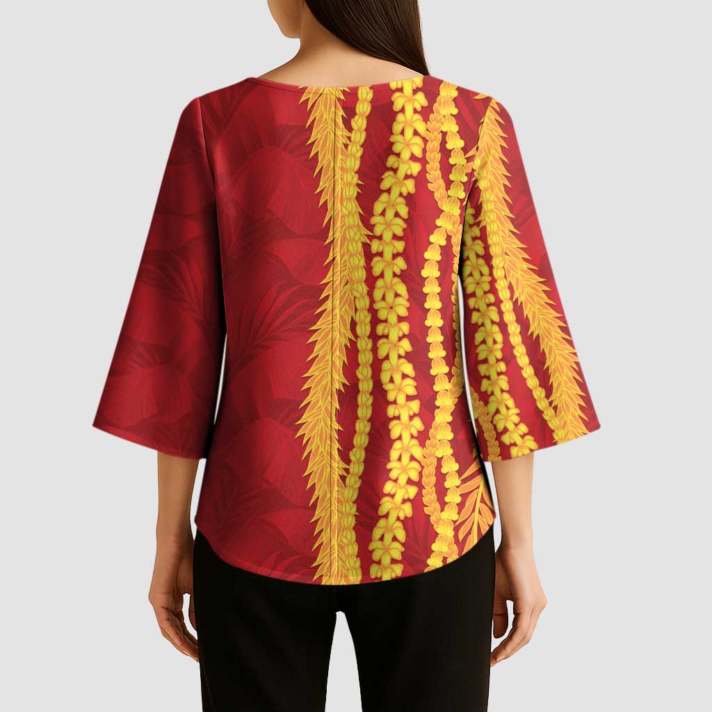 Hawaii Prince Kuhio Kimono Sleeve Blouse Red Hawaiian Lau Maia With Leis LT05 - Polynesian Pride