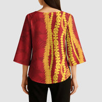 Hawaii Prince Kuhio Kimono Sleeve Blouse Red Hawaiian Lau Maia With Leis LT05 - Polynesian Pride