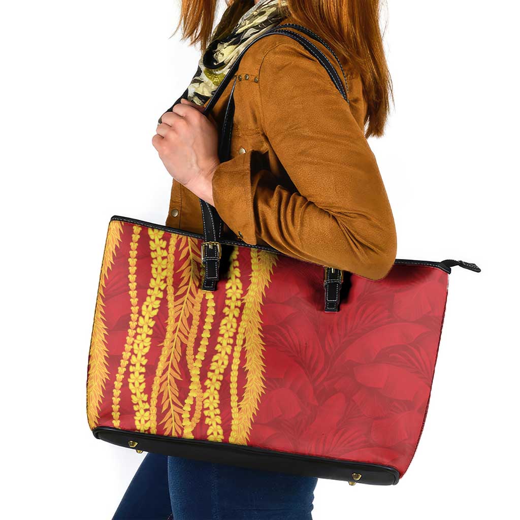 Hawaii Prince Kuhio Leather Tote Bag Red Hawaiian Lau Maia With Leis LT05 Red - Polynesian Pride