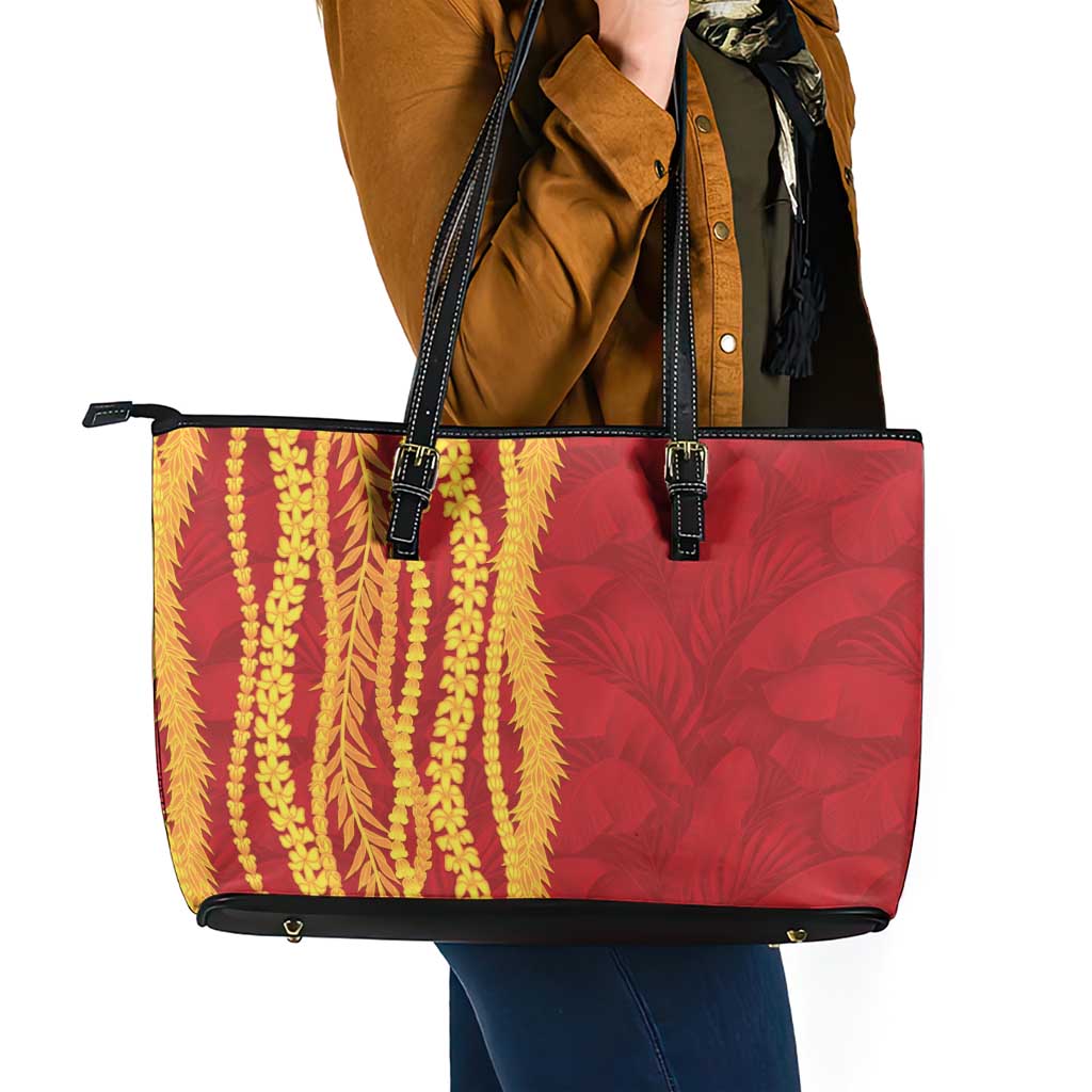 Hawaii Prince Kuhio Leather Tote Bag Red Hawaiian Lau Maia With Leis LT05 - Polynesian Pride
