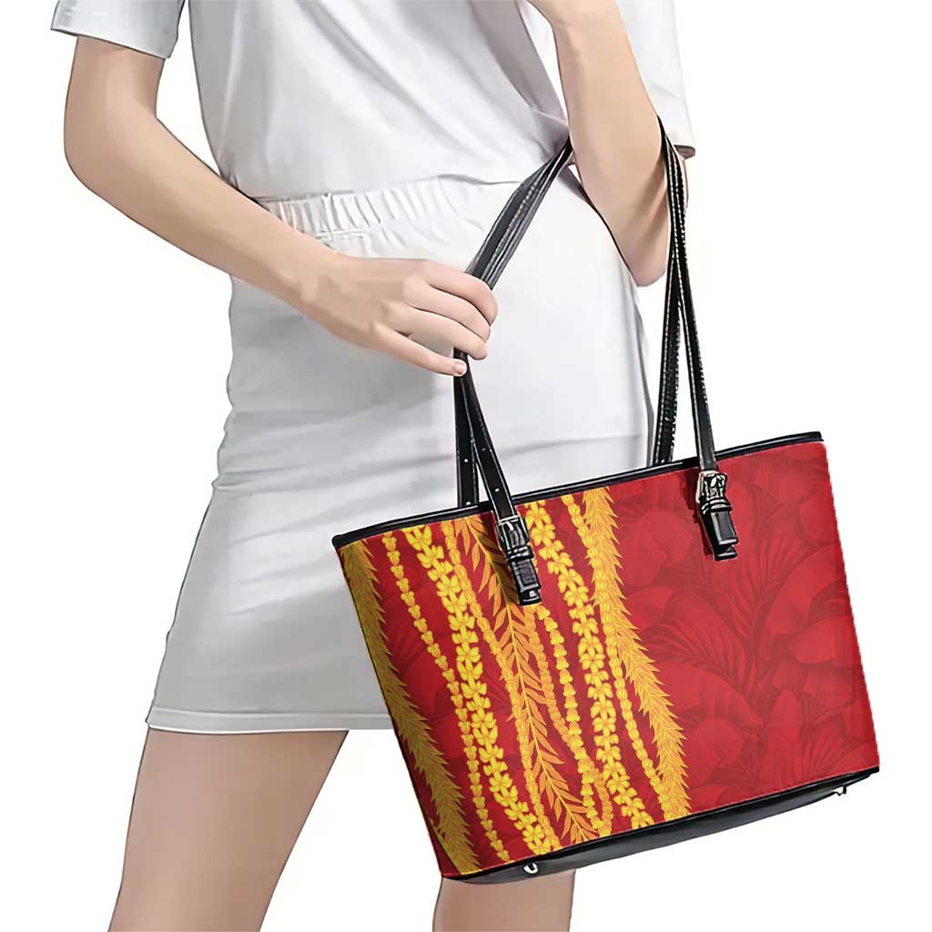 Hawaii Prince Kuhio Leather Tote Bag Red Hawaiian Lau Maia With Leis LT05 - Polynesian Pride