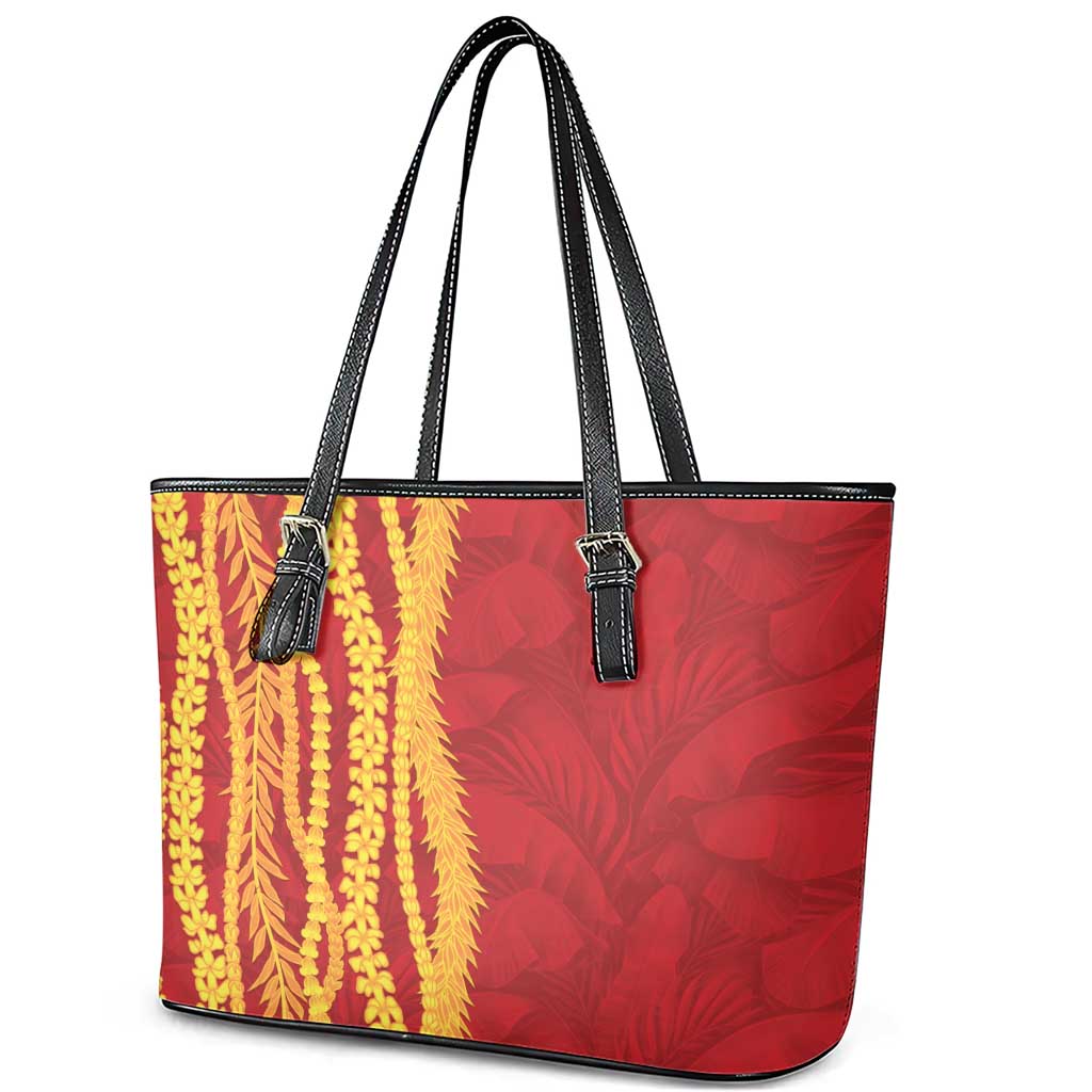 Hawaii Prince Kuhio Leather Tote Bag Red Hawaiian Lau Maia With Leis LT05 - Polynesian Pride