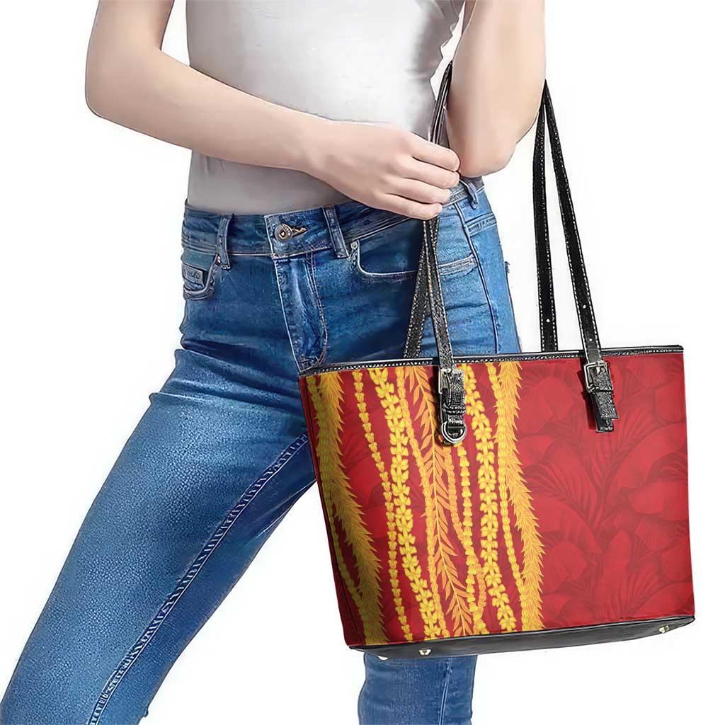 Hawaii Prince Kuhio Leather Tote Bag Red Hawaiian Lau Maia With Leis LT05 - Polynesian Pride