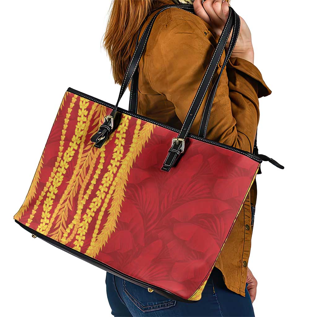 Hawaii Prince Kuhio Leather Tote Bag Red Hawaiian Lau Maia With Leis LT05 - Polynesian Pride