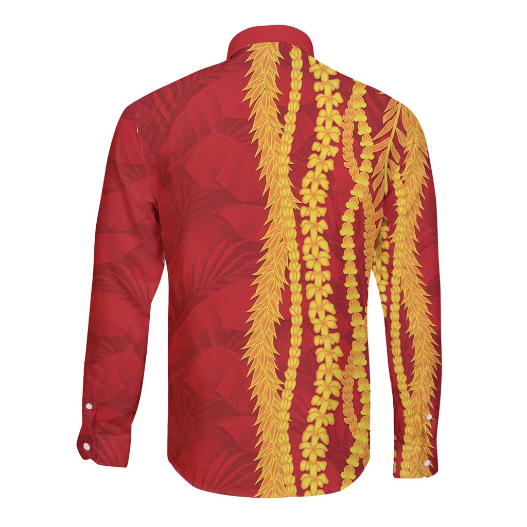 Hawaii Prince Kuhio Long Sleeve Button Shirt Red Hawaiian Lau Maia With Leis LT05 - Polynesian Pride